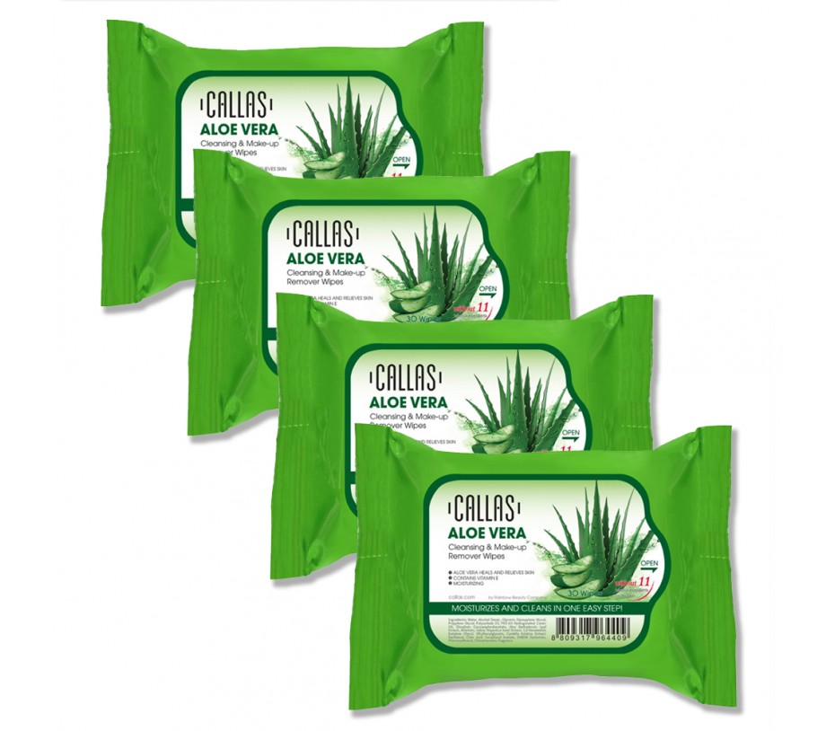 Callas Aloe Vera Cleansing & Make up Remover Wipes *New* (4 Pack) 